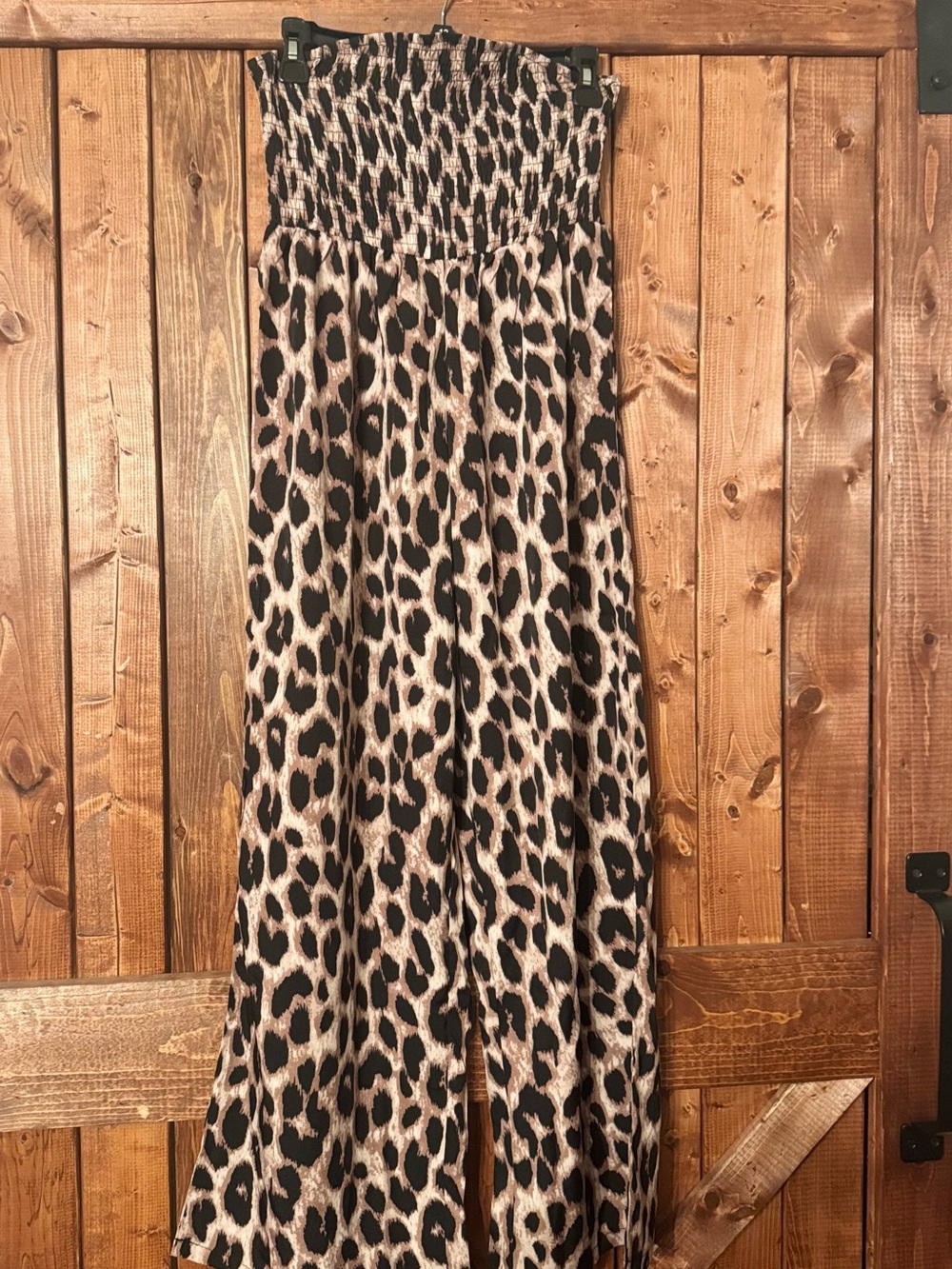 Leopard Print Strapless Jumpsuit - Black & Tan M